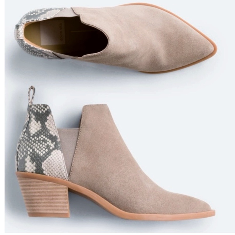 New DOLCE‎ VITA Sonnie Taupe Suede Ankle Boot Bootie Size 7.5 Snakeskin Print - Picture 2 of 14